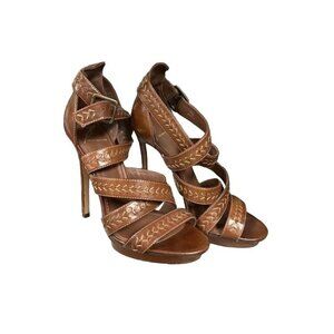 Brian Atwood Cordoba Brown Italian Leather Strappy Stiletto Peep Toe Heels sz 7